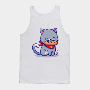 Cute Cat Eating Bread Cartoon Tank Top